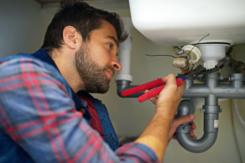 Plumber using a plumbing wrench under sink.